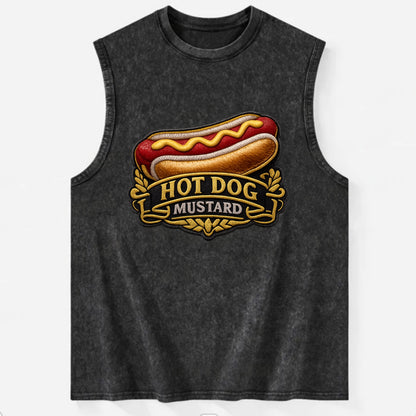 HOT DOG MUSTARD - classic hot dog in tan yellow red , ballpark food - Vintage Washed Tank - Black