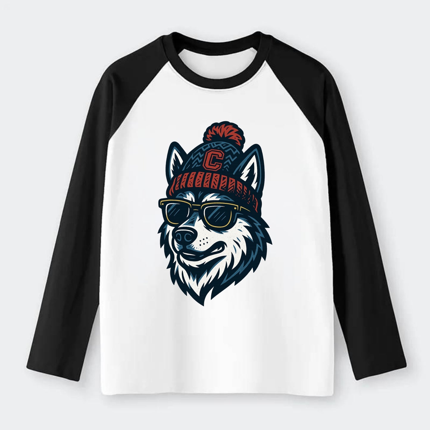 Storrs Husky wearing UConn beanie with C patch - Raglan Long Sleeve T-Shirt - Black