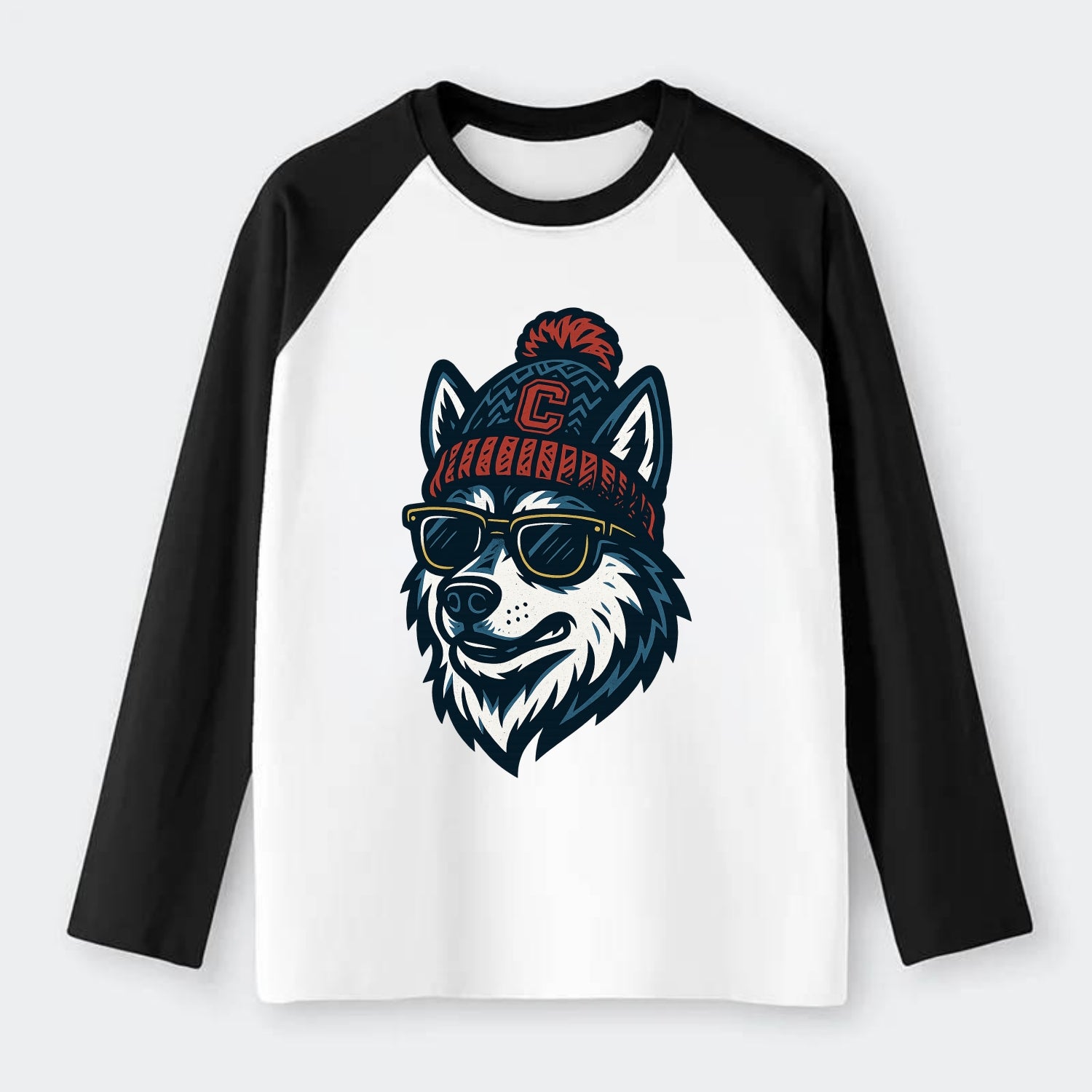 Storrs Husky wearing UConn beanie with C patch - Raglan Long Sleeve T-Shirt - Black