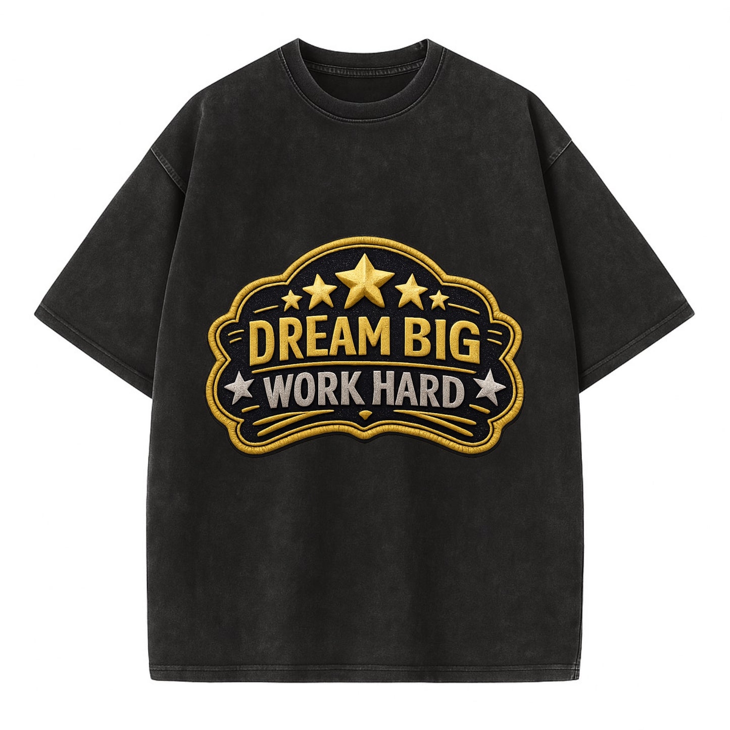 DREAM BIG WORK HARD - stars with text in gold , aspiration - Vintage T-shirt - Black