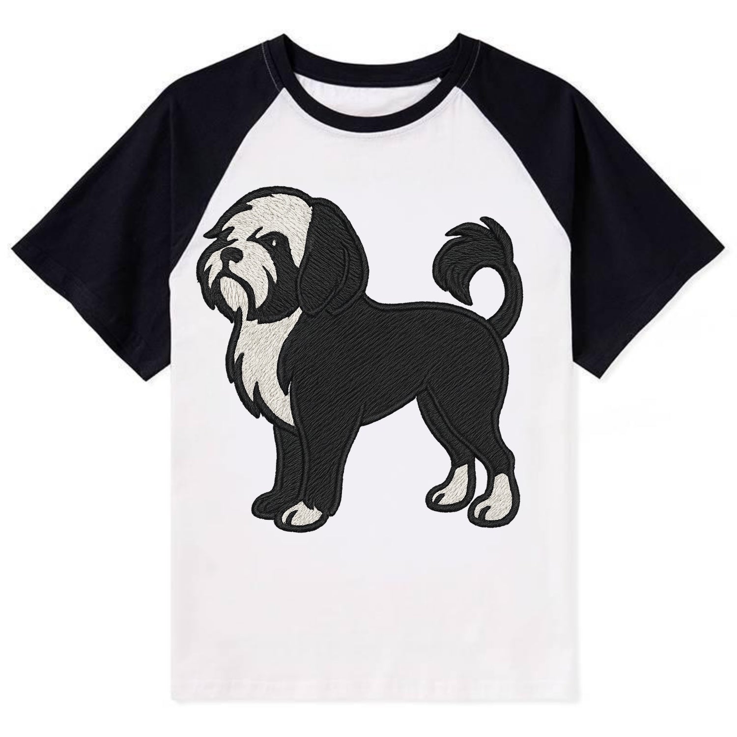 Löwchen - Black and white lion trim embr - Contrast Raglan T-shirt - Black