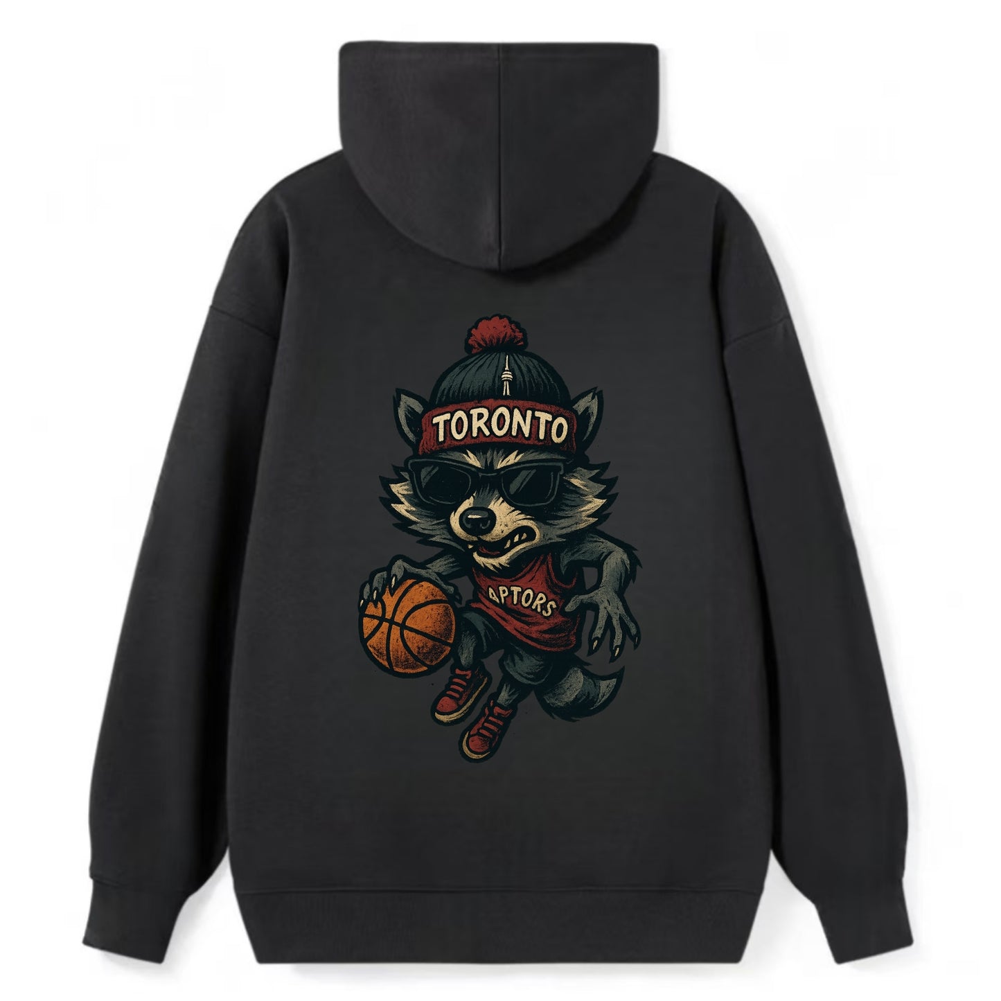 Toronto Raccoon wearing Raptors beanie with CN Tower patch and wayfarer - Classic Pullover Hoodie - Black