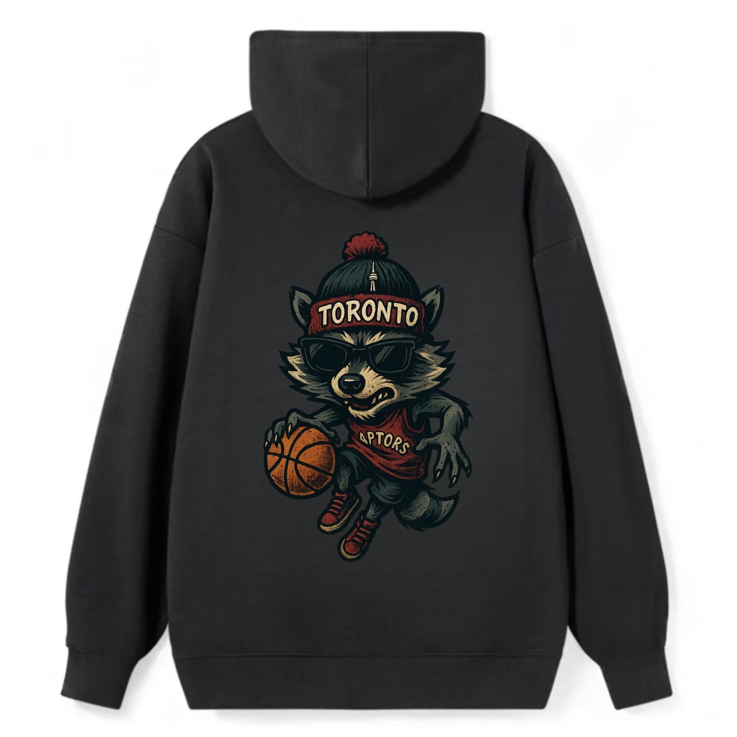 Toronto Raccoon wearing Raptors beanie with CN Tower patch and wayfarer - Classic Pullover Hoodie - Black