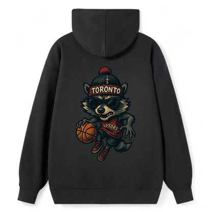 Toronto Raccoon wearing Raptors beanie with CN Tower patch and wayfarer - Classic Pullover Hoodie - Black