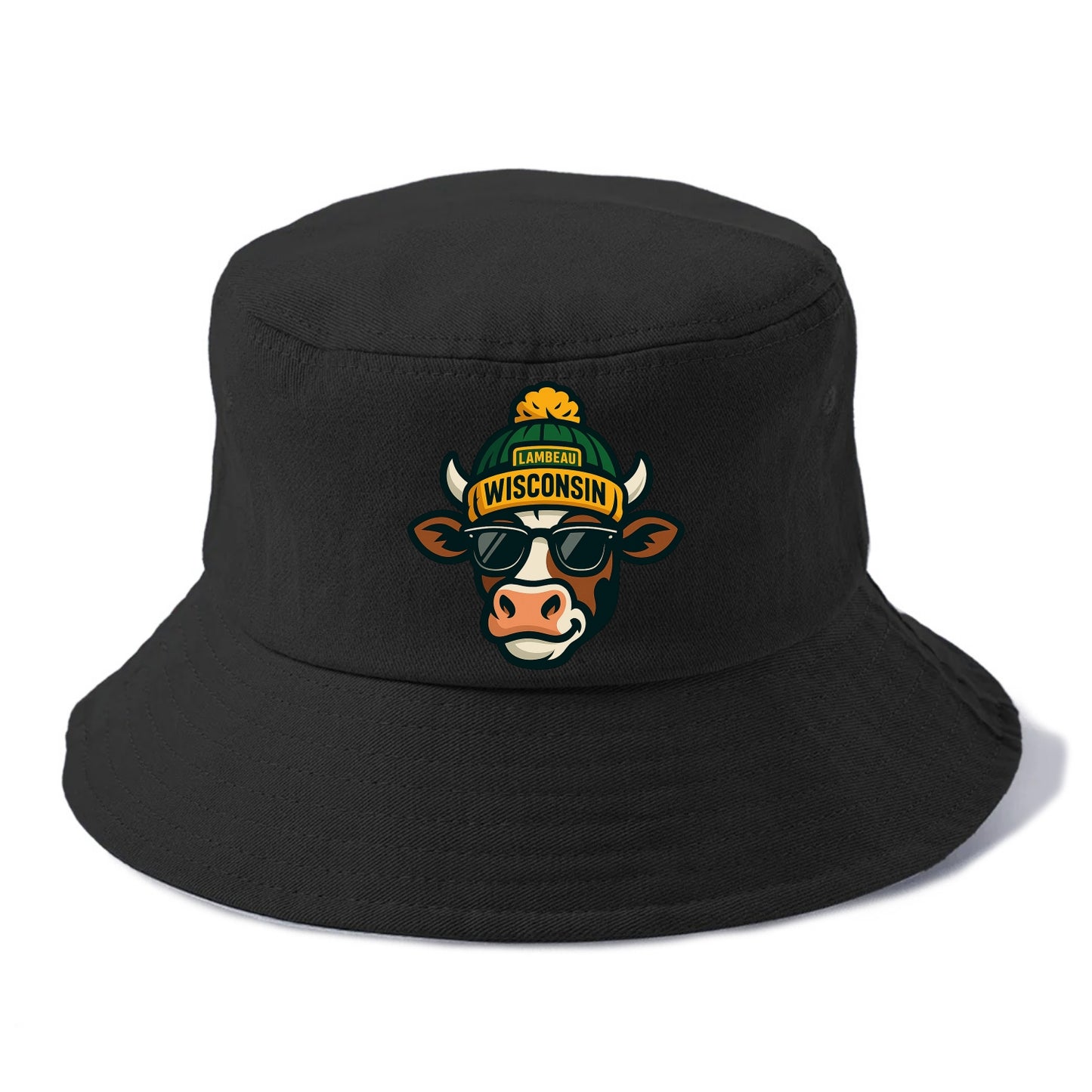 Wisconsin Cow wearing Packers beanie with Lambeau patch and wayfarer sunglasses - Bucket Hat - Black