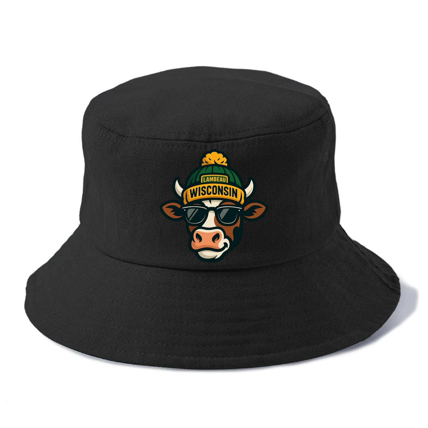 Wisconsin Cow wearing Packers beanie with Lambeau patch and wayfarer sunglasses - Bucket Hat - Black