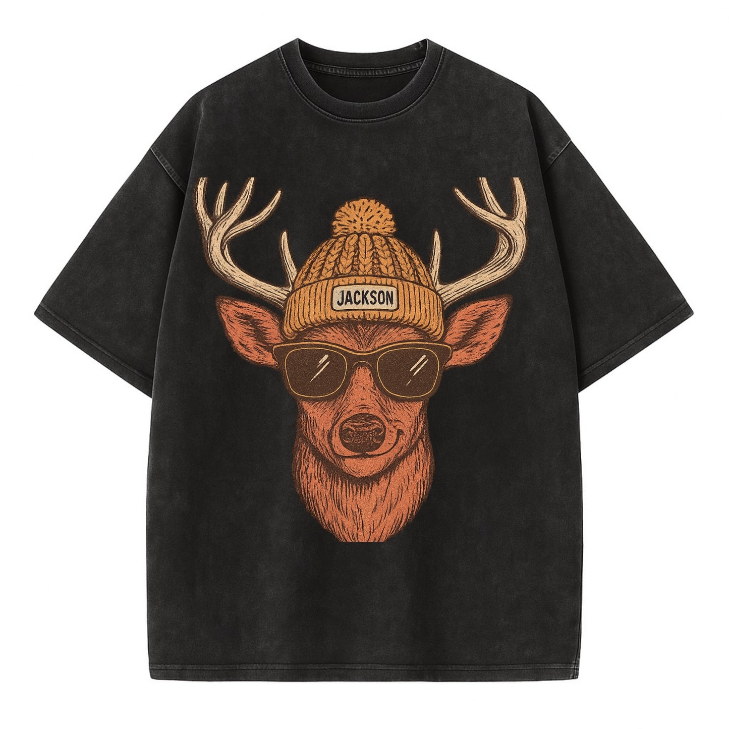 Mississippi White-tailed Deer wearing Jackson beanie with pom pom and wayfarer - Vintage T-shirt - Black