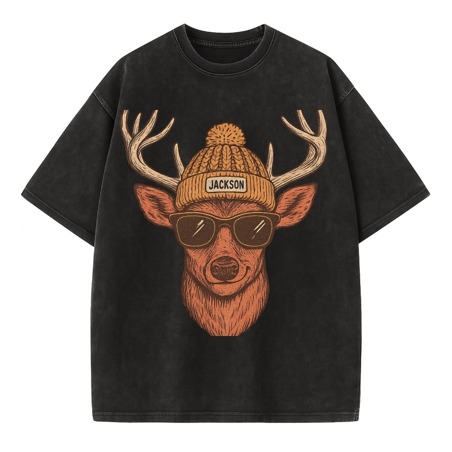Mississippi White-tailed Deer wearing Jackson beanie with pom pom and wayfarer - Vintage T-shirt - Black