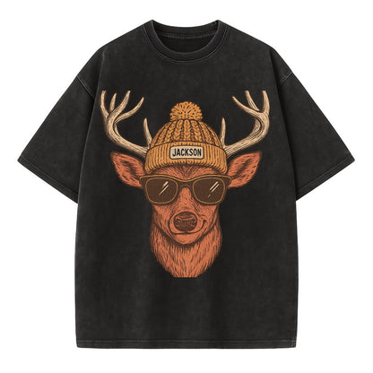 Mississippi White-tailed Deer wearing Jackson beanie with pom pom and wayfarer - Vintage T-shirt - Black