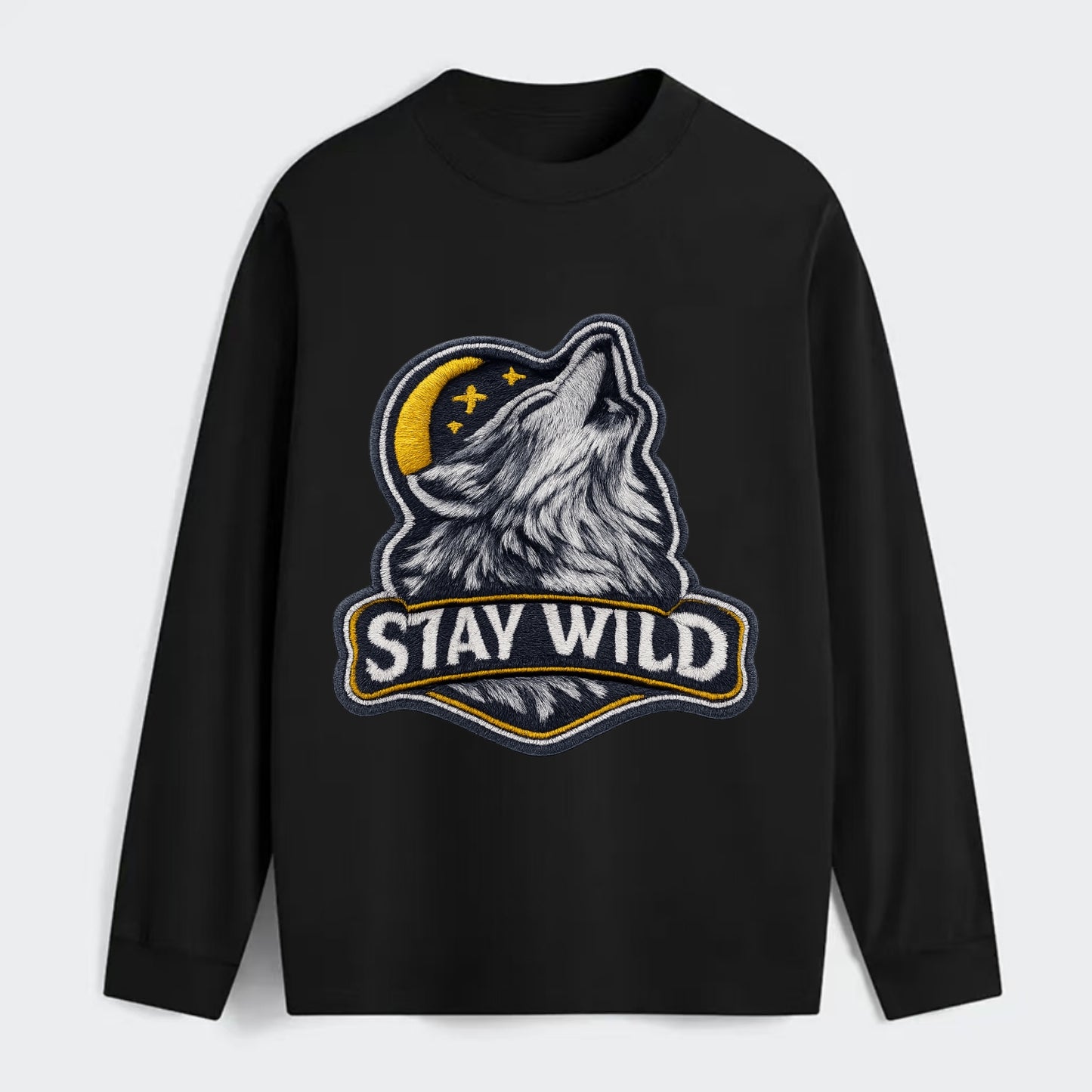 STAY WILD - wolf with text in gray , free spirit - Classic Long Sleeve Shirt - Black