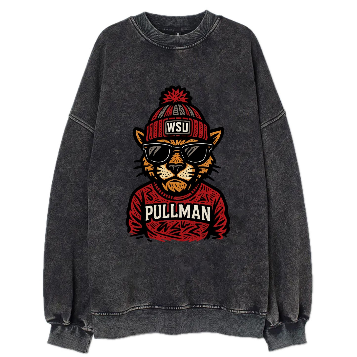 Pullman Cougar wearing Washington State beanie with WSU patch - Vintage Sweatshirt - Black