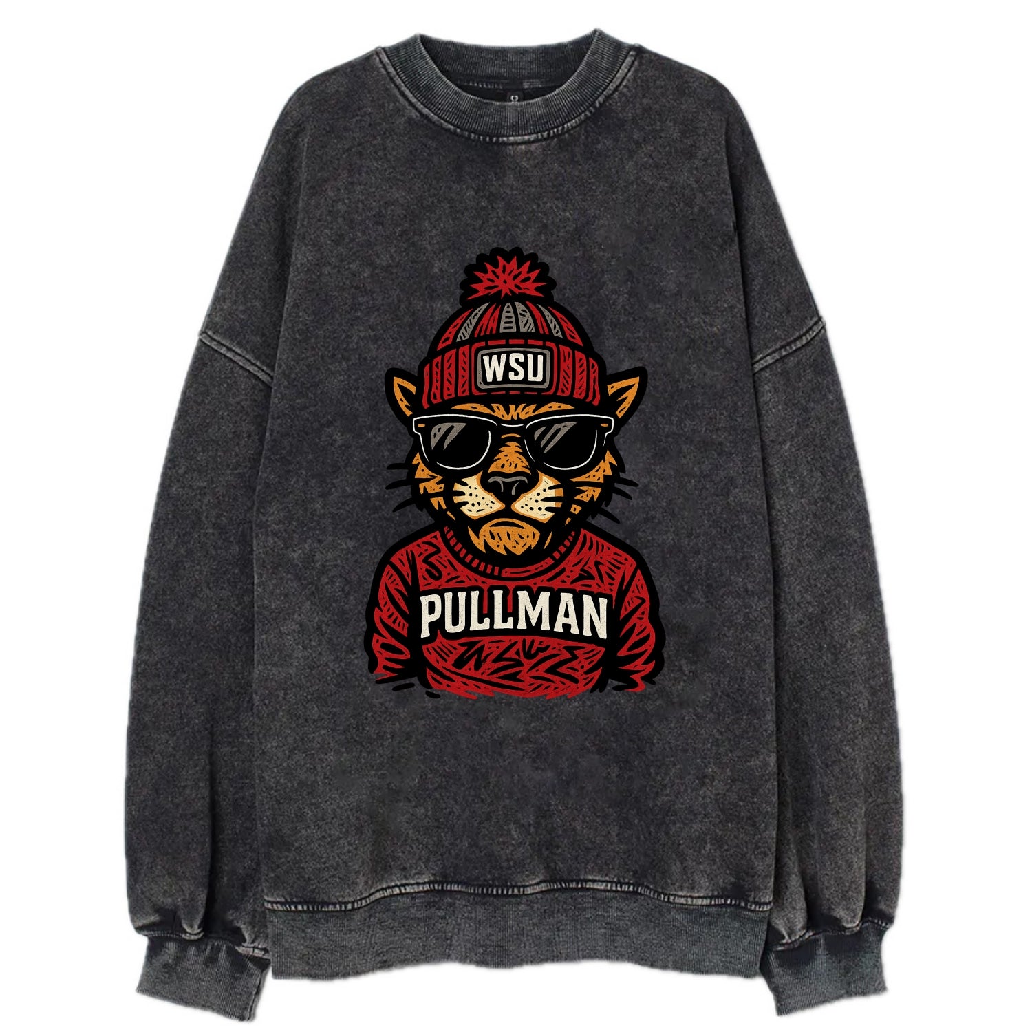 Pullman Cougar wearing Washington State beanie with WSU patch - Vintage Sweatshirt - Black