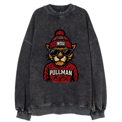 Pullman Cougar wearing Washington State beanie with WSU patch - Vintage Sweatshirt - Black