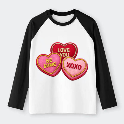 VALENTINES HEARTS - candy hearts in pink and red , love day - Raglan Long Sleeve T-Shirt - Black