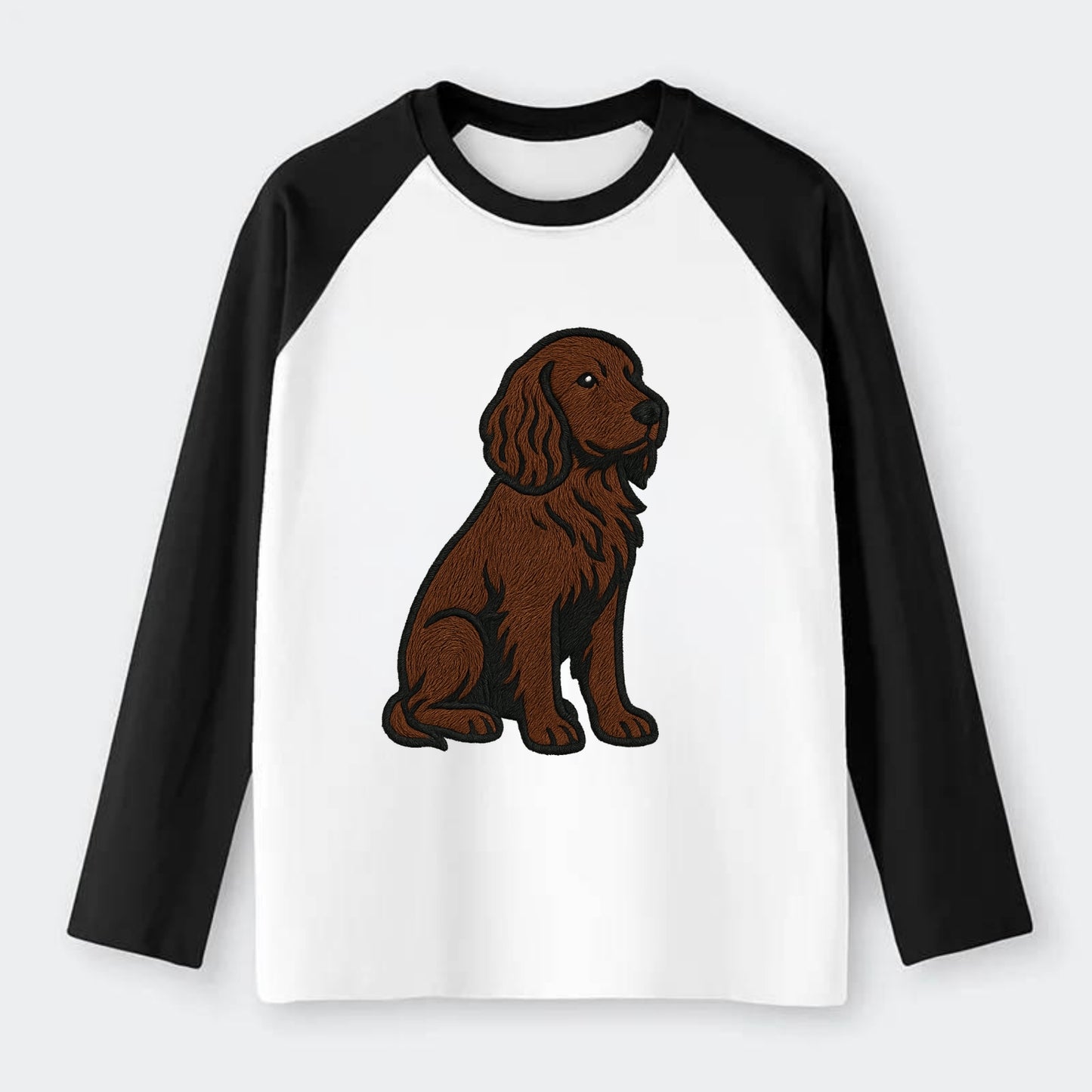 Field Spaniel - Liver colored embroidered sitting design - Raglan Long Sleeve T-Shirt - Black