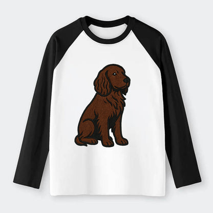 Field Spaniel - Liver colored embroidered sitting design - Raglan Long Sleeve T-Shirt - Black