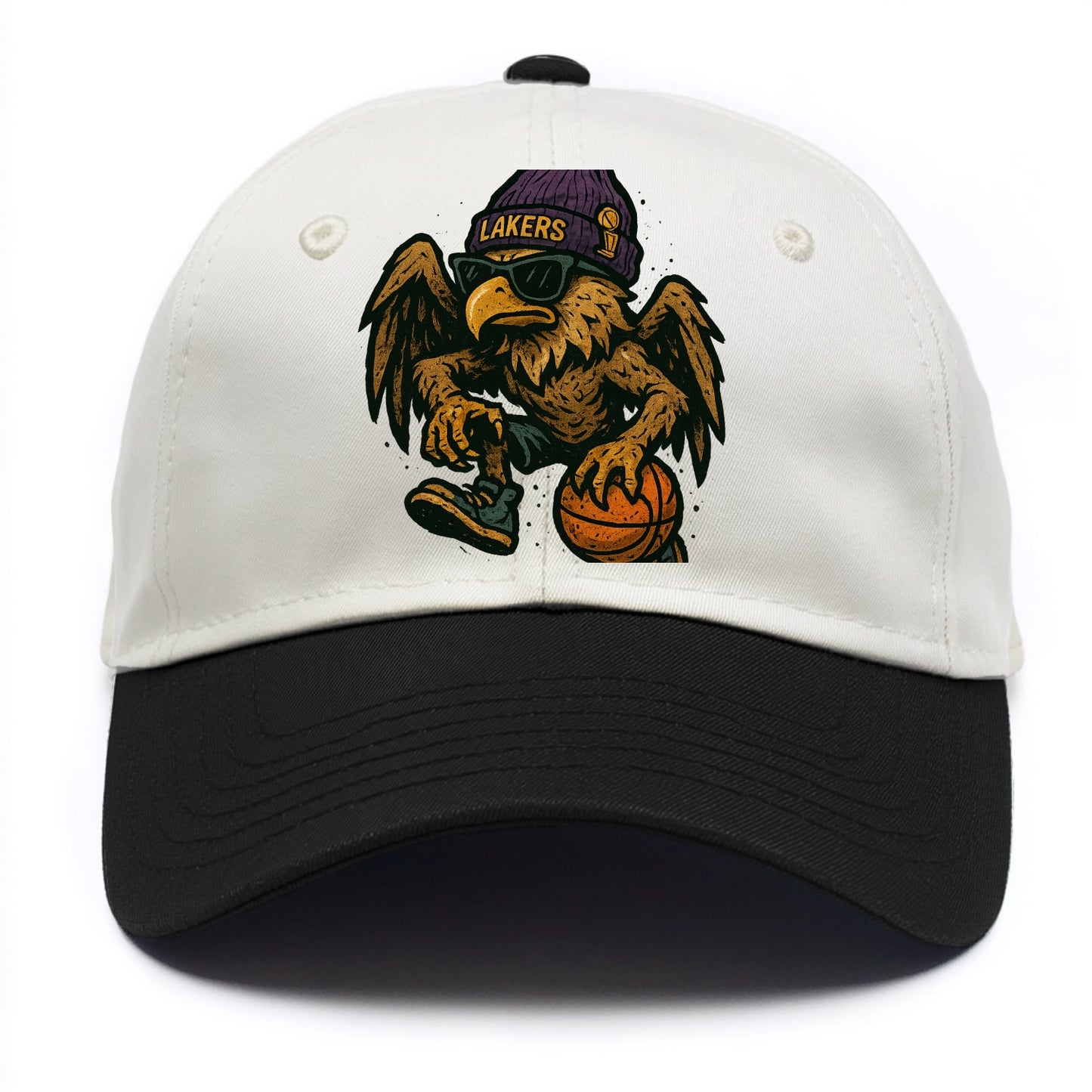 Los Angeles Golden Eagle wearing Lakers beanie with trophy patch and wayfarer - Two Tone Cap - Black