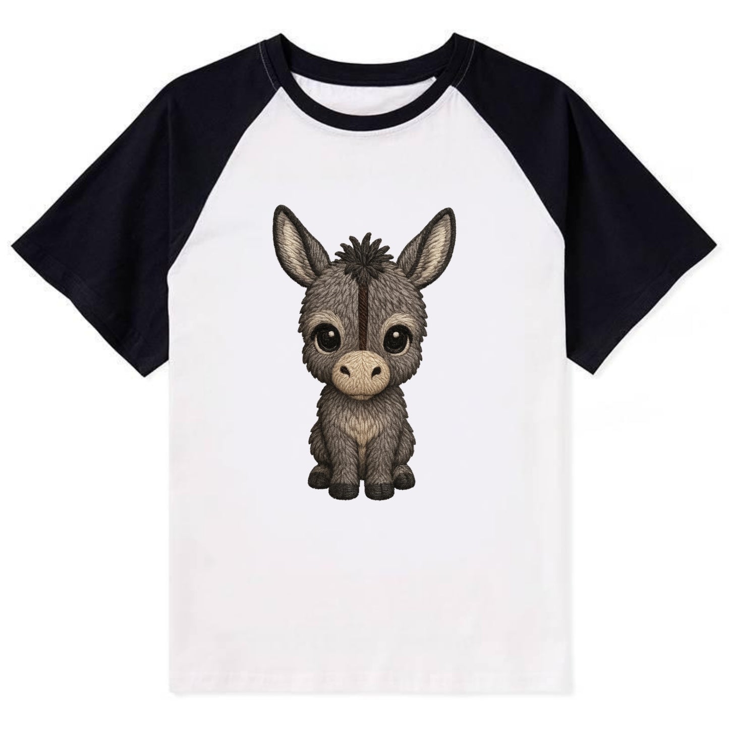 Baby Donkey Foal - gray fluffy, long ears, dark stripe, gentle eyes, - Contrast Raglan T-shirt - Black
