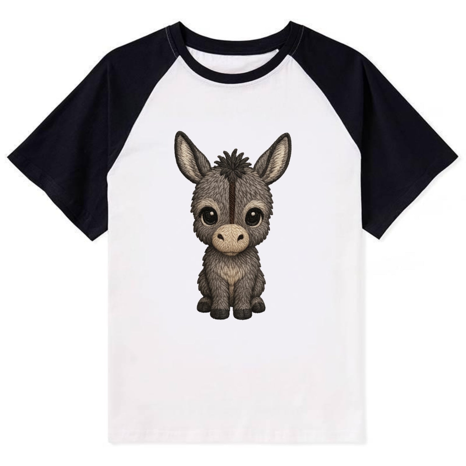 Baby Donkey Foal - gray fluffy, long ears, dark stripe, gentle eyes, - Contrast Raglan T-shirt - Black