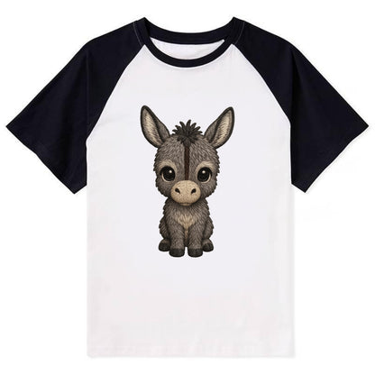 Baby Donkey Foal - gray fluffy, long ears, dark stripe, gentle eyes, - Contrast Raglan T-shirt - Black