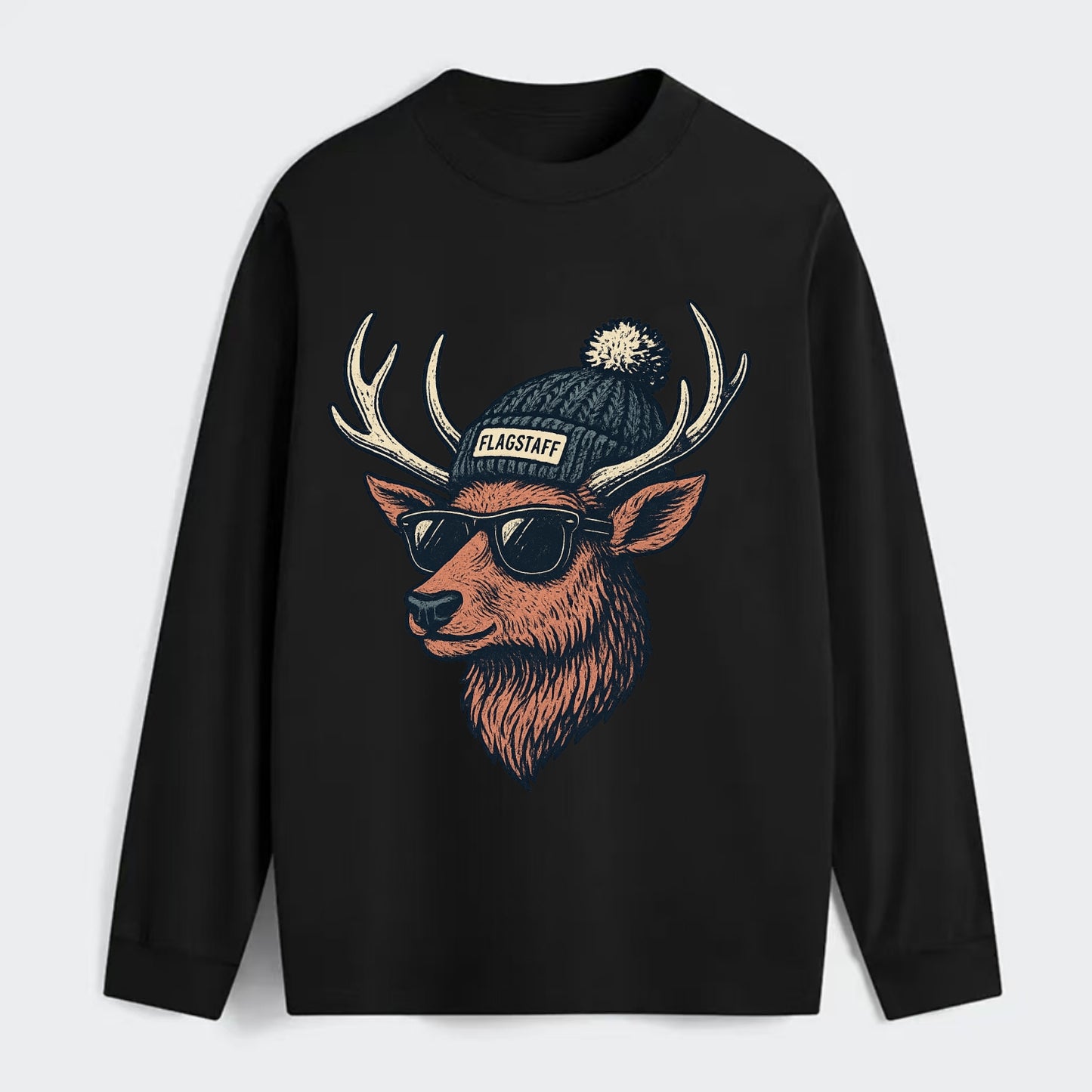 Flagstaff Elk wearing Flagstaff beanie with pom pom and wayfarer - Classic Long Sleeve Shirt - Black