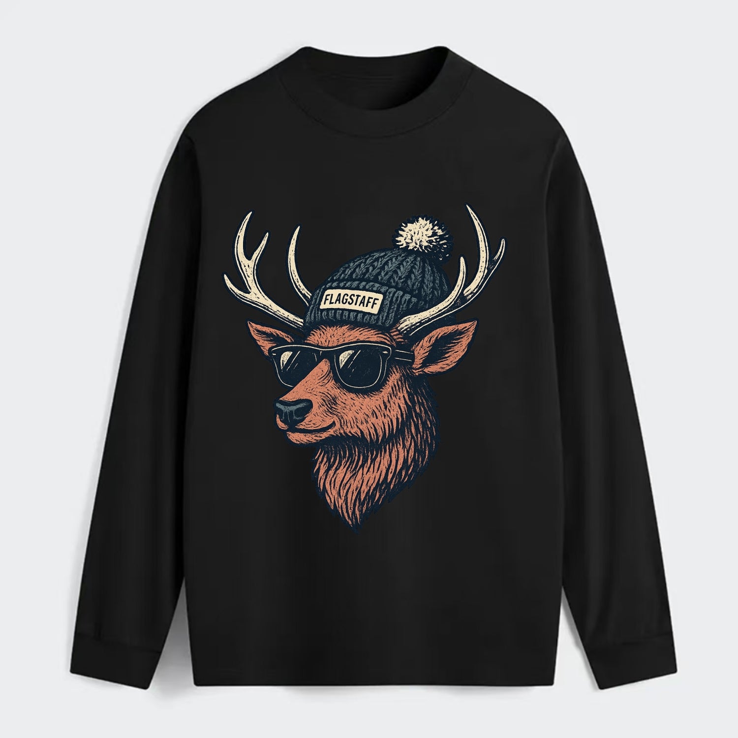 Flagstaff Elk wearing Flagstaff beanie with pom pom and wayfarer - Classic Long Sleeve Shirt - Black