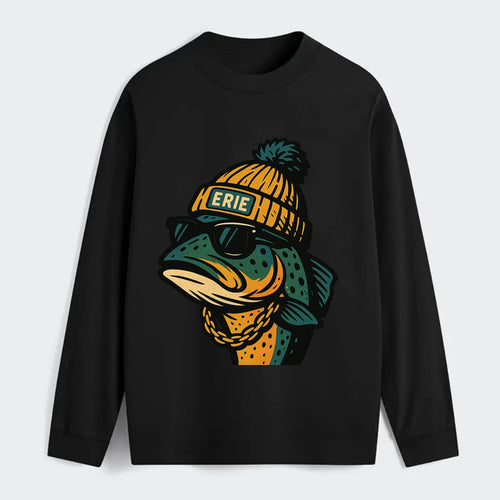 Erie Lake Trout wearing Erie beanie with pom pom and wayfarer sunglasses - Classic Long Sleeve Shirt