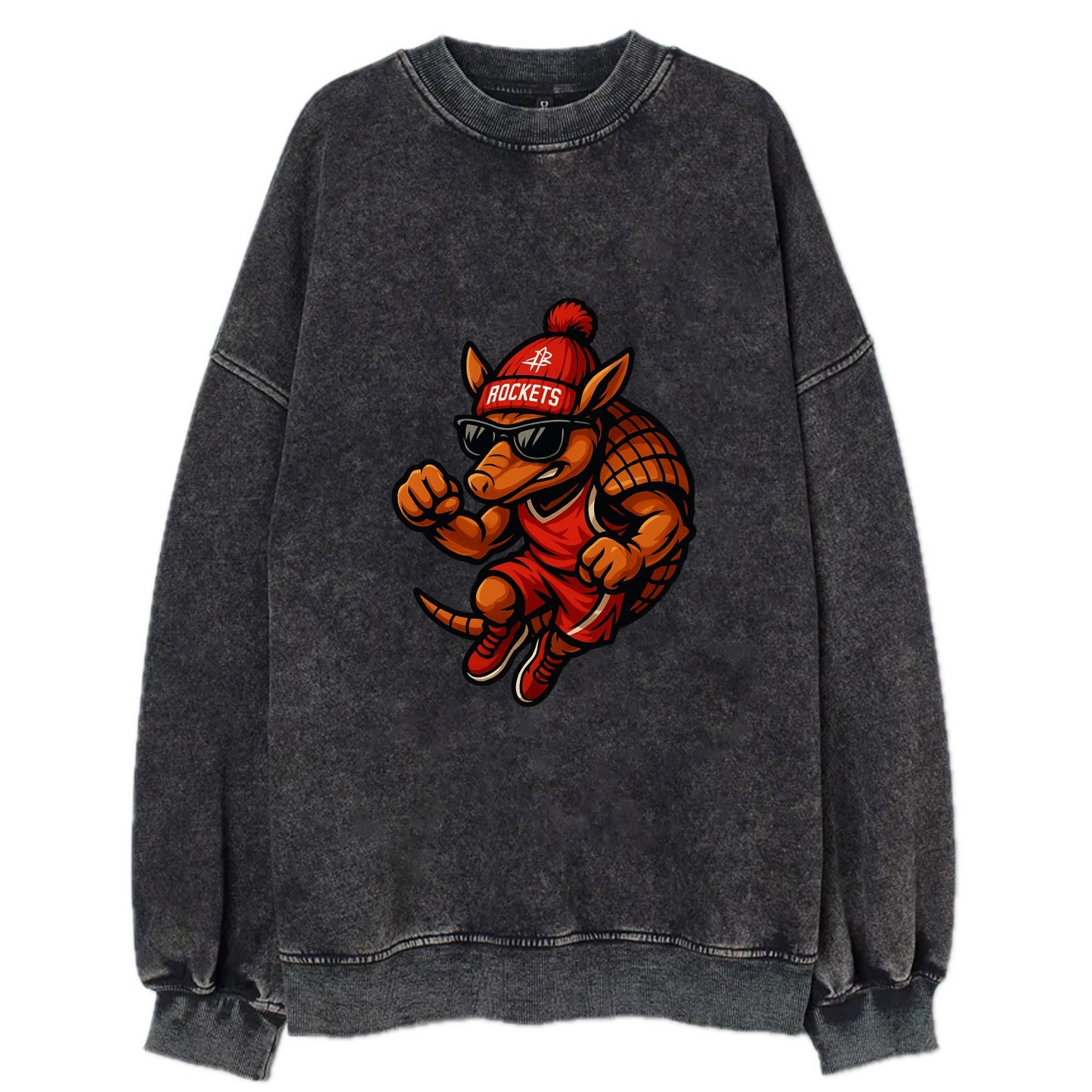 Houston Armadillo wearing Rockets red and silver beanie with rocket ship and - Vintage Sweatshirt - Black