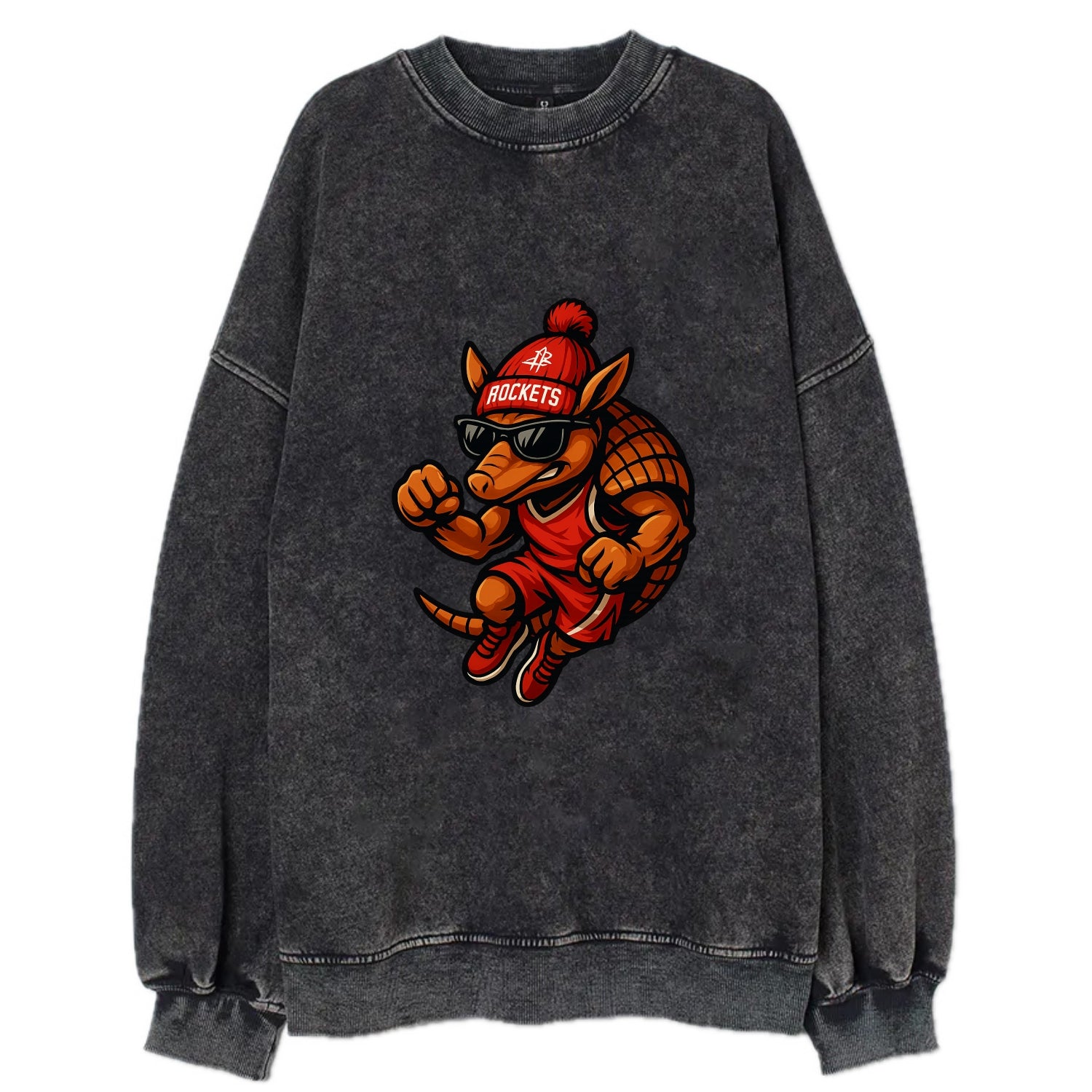 Houston Armadillo wearing Rockets red and silver beanie with rocket ship and - Vintage Sweatshirt - Black