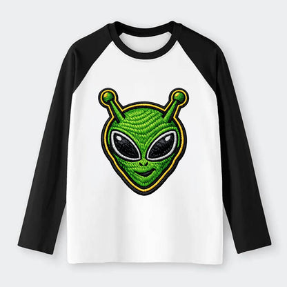 ALIEN MARTIAN - green alien with antenna in green , little green man - Raglan Long Sleeve T-Shirt - Black