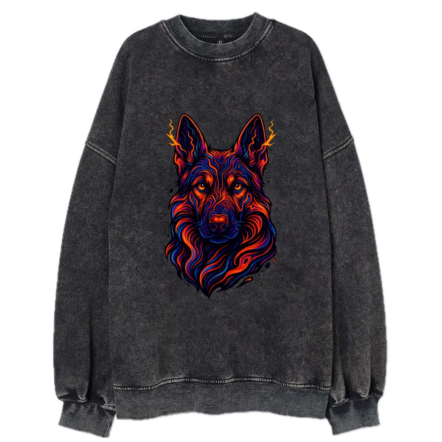 Alert German Shepherd with cyber circuit patterns in the fur, neon orange and - Vintage Sweatshirt - Black