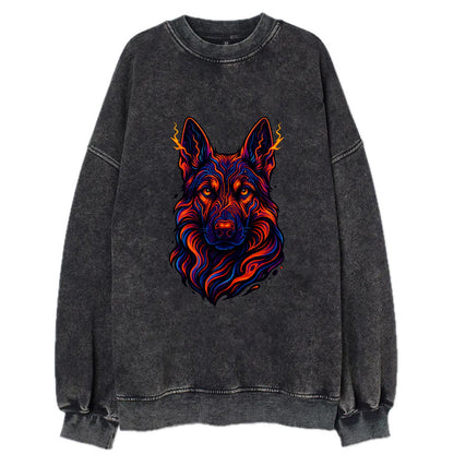 Alert German Shepherd with cyber circuit patterns in the fur, neon orange and - Vintage Sweatshirt - Black