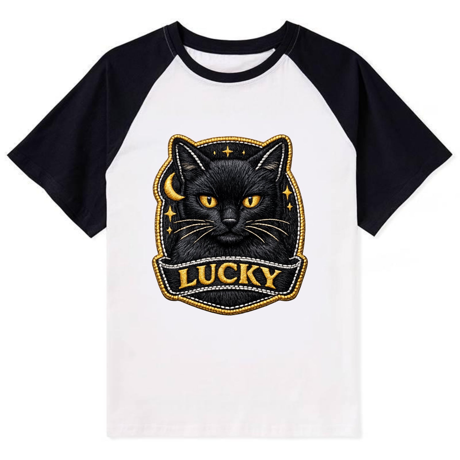 BLACK CAT LUCKY - sleek black cat with gold eyes in black , mysterious - Contrast Raglan T-shirt - Black