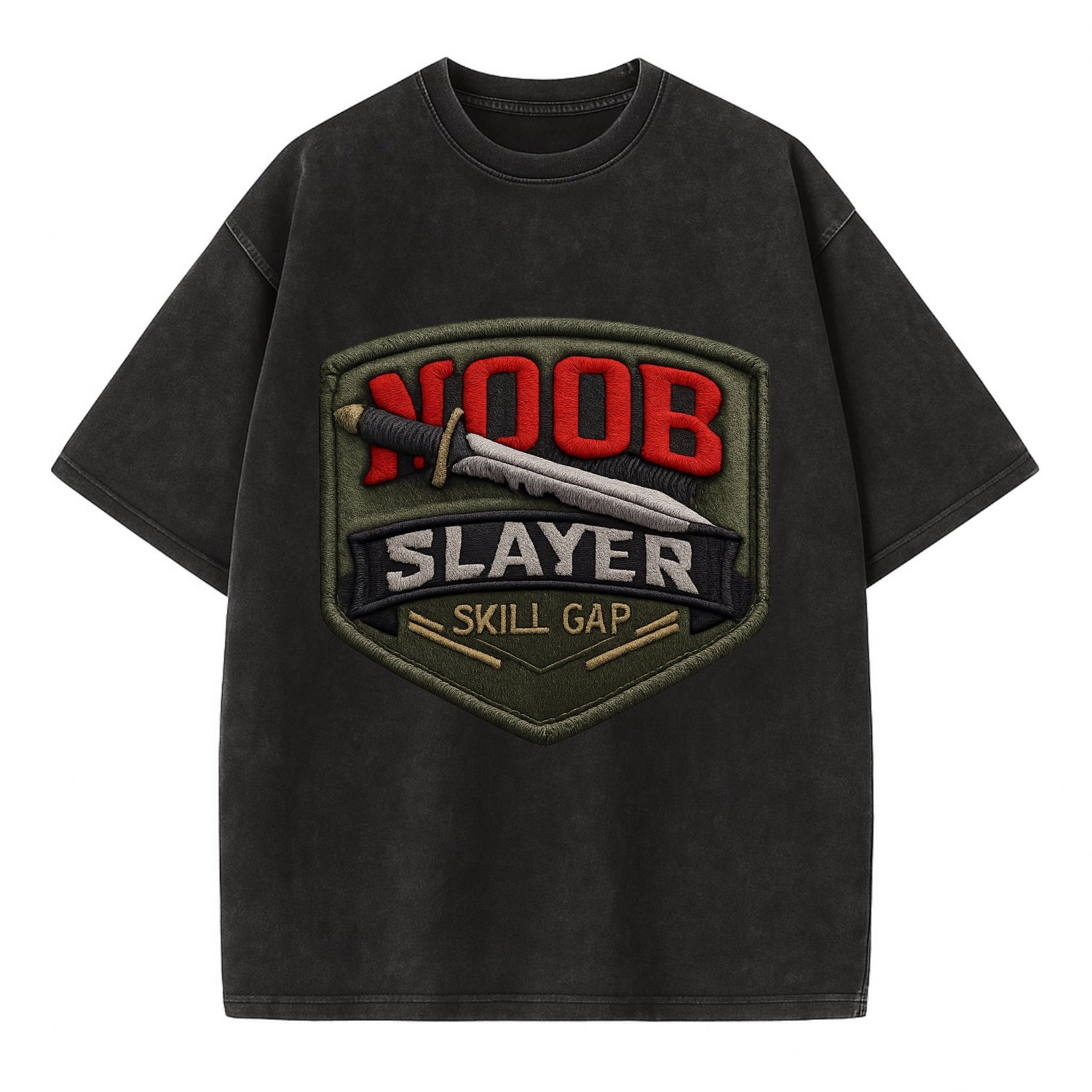 NOOB SLAYER - sword through noob text in red and silver , skill gap - Vintage T-shirt - Black