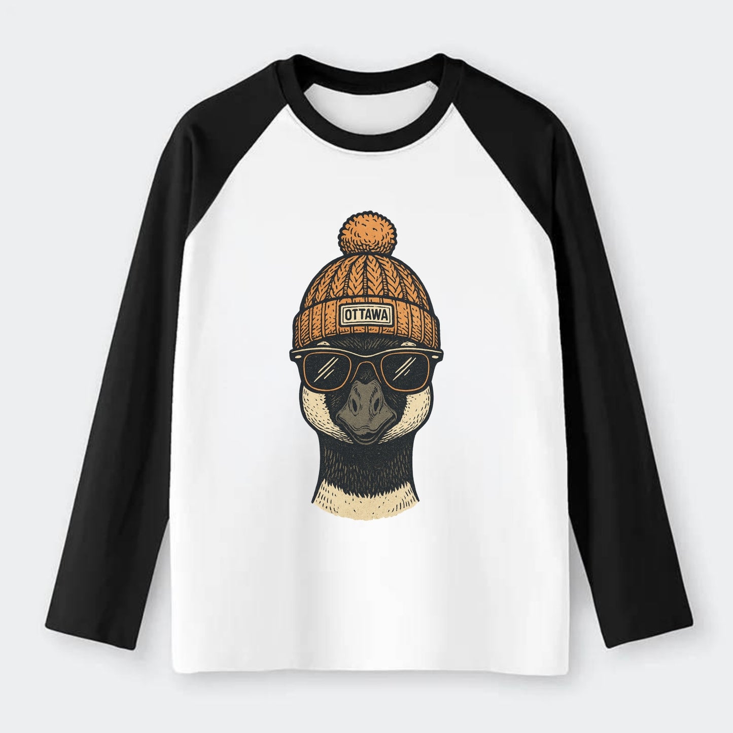 Ottawa Canadian Goose wearing Ottawa beanie with pom pom and wayfarer - Raglan Long Sleeve T-Shirt - Black