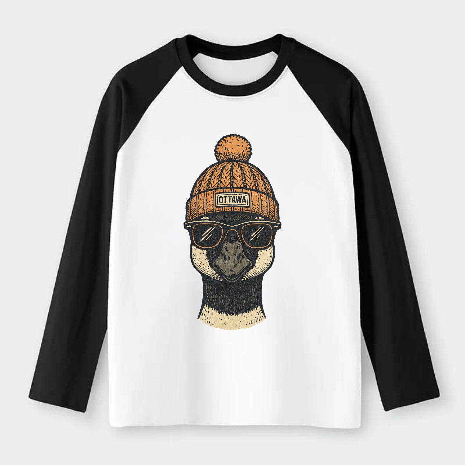 Ottawa Canadian Goose wearing Ottawa beanie with pom pom and wayfarer - Raglan Long Sleeve T-Shirt - Black