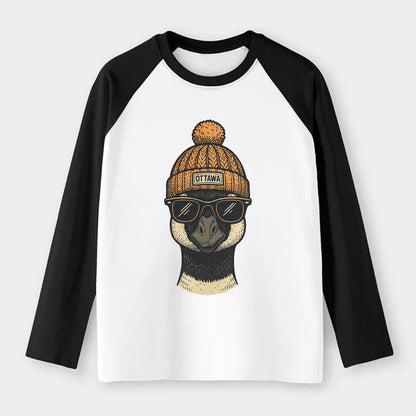 Ottawa Canadian Goose wearing Ottawa beanie with pom pom and wayfarer - Raglan Long Sleeve T-Shirt - Black