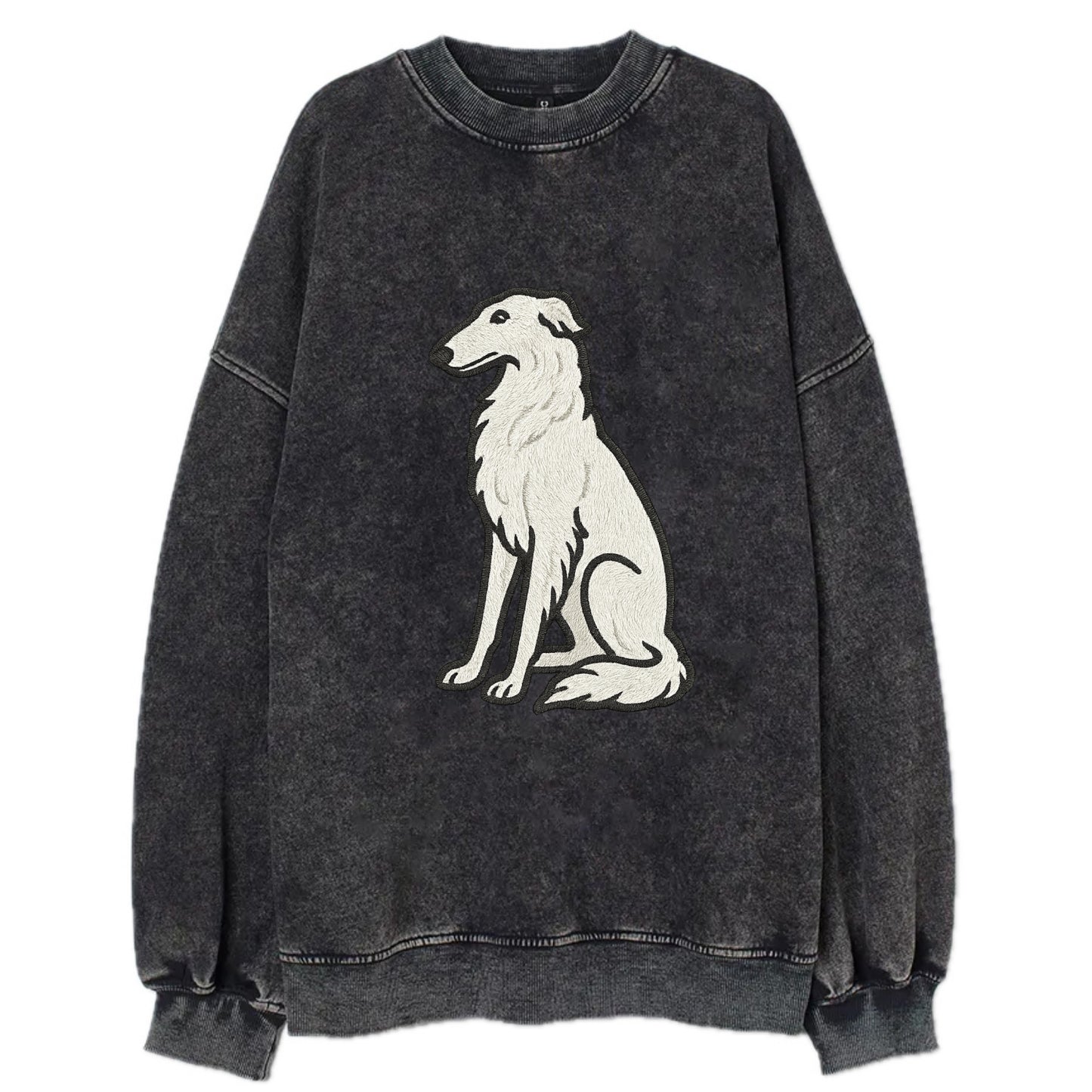 Borzoi - White embroidered sitting pose - Vintage Sweatshirt - Black
