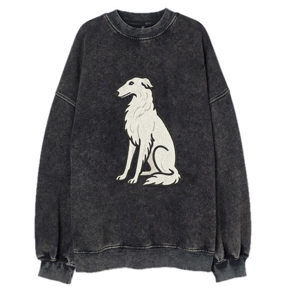 Borzoi - White embroidered sitting pose - Vintage Sweatshirt - Black