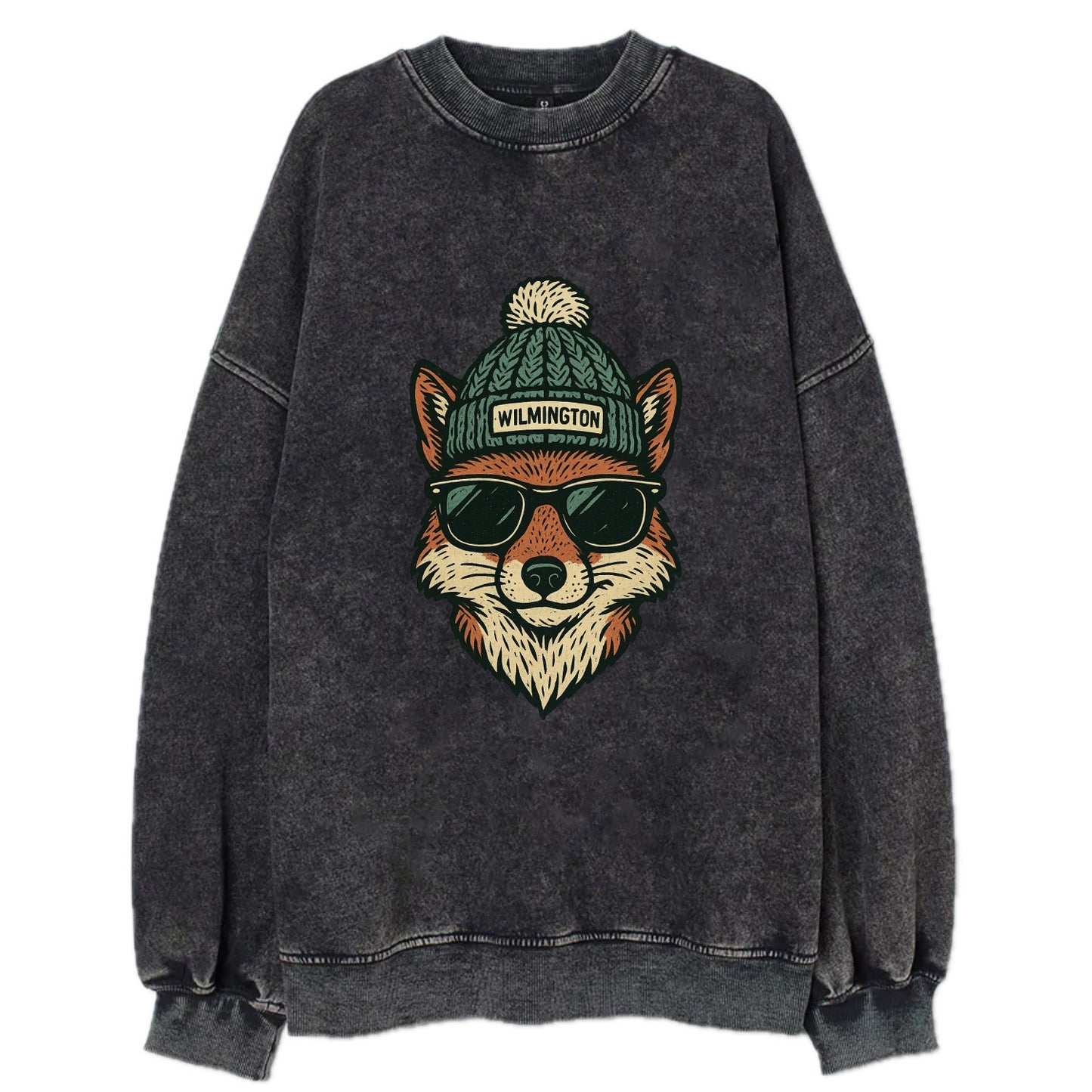 Delaware Gray Fox wearing Wilmington beanie with pom pom and wayfarer - Vintage Sweatshirt - Black