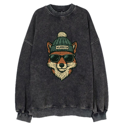 Delaware Gray Fox wearing Wilmington beanie with pom pom and wayfarer - Vintage Sweatshirt - Black