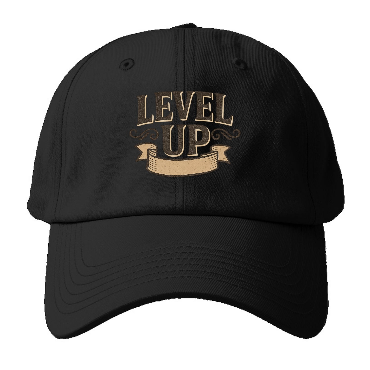 Bold typography design - "LEVEL UP" - improving, advancing, growing - Baseball Cap - Black
