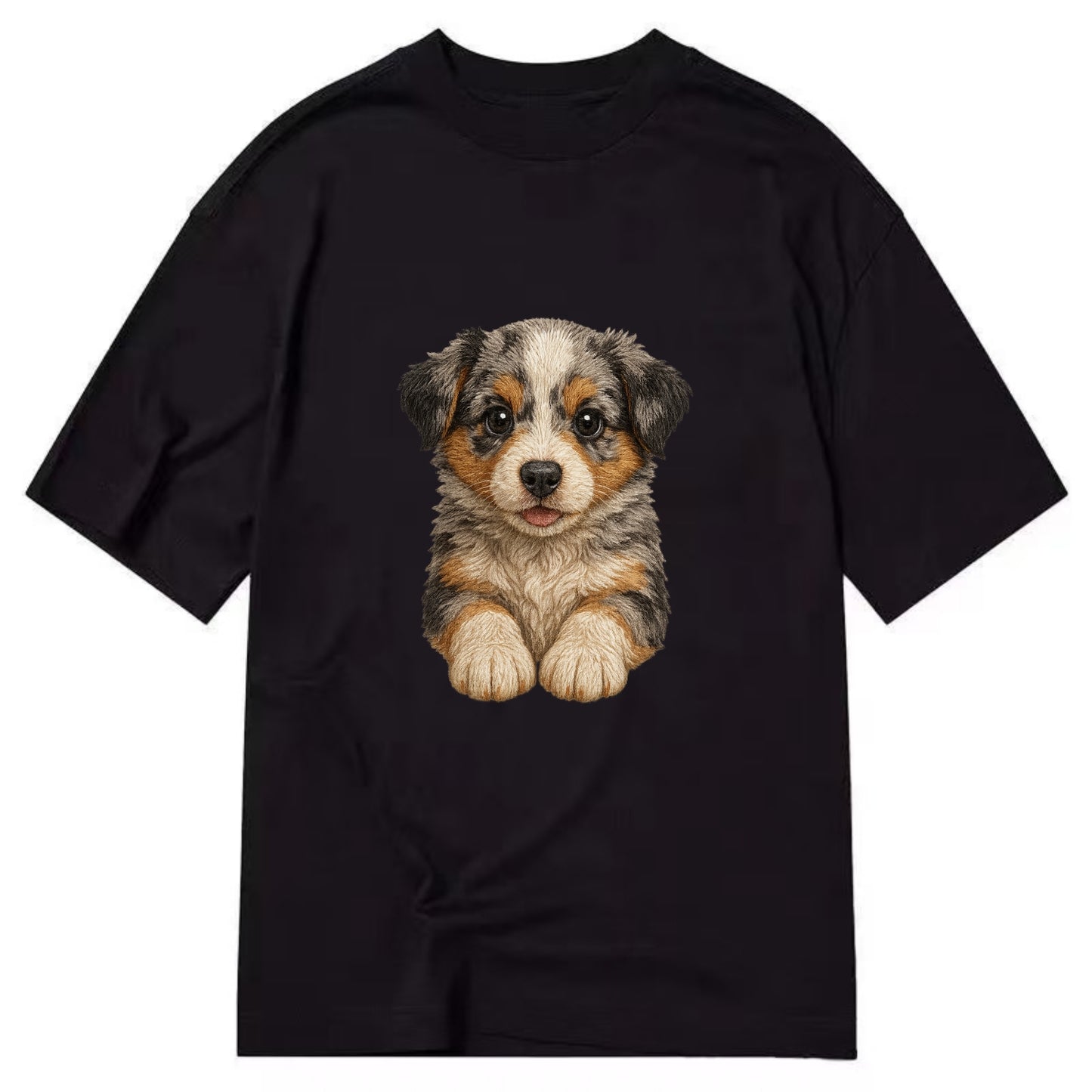Baby Australian Shepherd Puppy - merle coat, bright eyes, fluffy, front-facing, - Classic T-shirt - Black