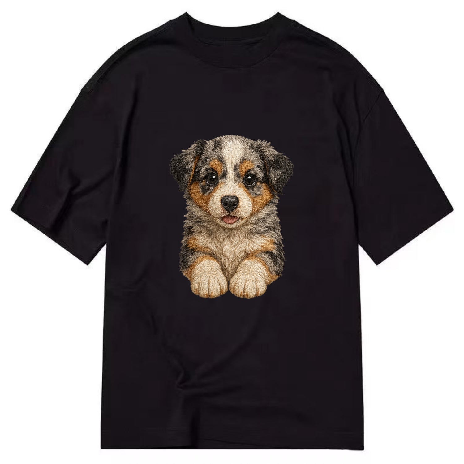 Baby Australian Shepherd Puppy - merle coat, bright eyes, fluffy, front-facing, - Classic T-shirt - Black