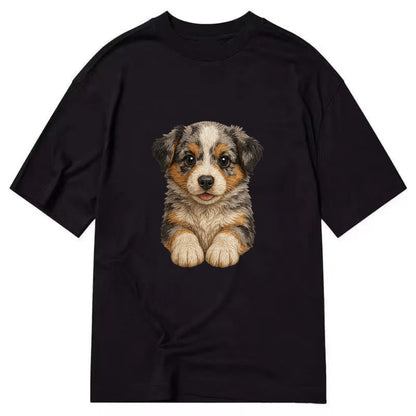 Baby Australian Shepherd Puppy - merle coat, bright eyes, fluffy, front-facing, - Classic T-shirt - Black
