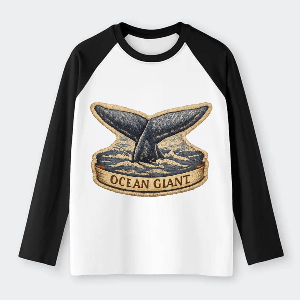 WHALE TAIL - diving whale in blue and gray , ocean giant - Raglan Long Sleeve T-Shirt - Black