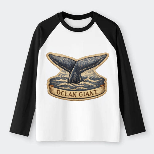 WHALE TAIL - diving whale in blue and gray , ocean giant - Raglan Long Sleeve T-Shirt
