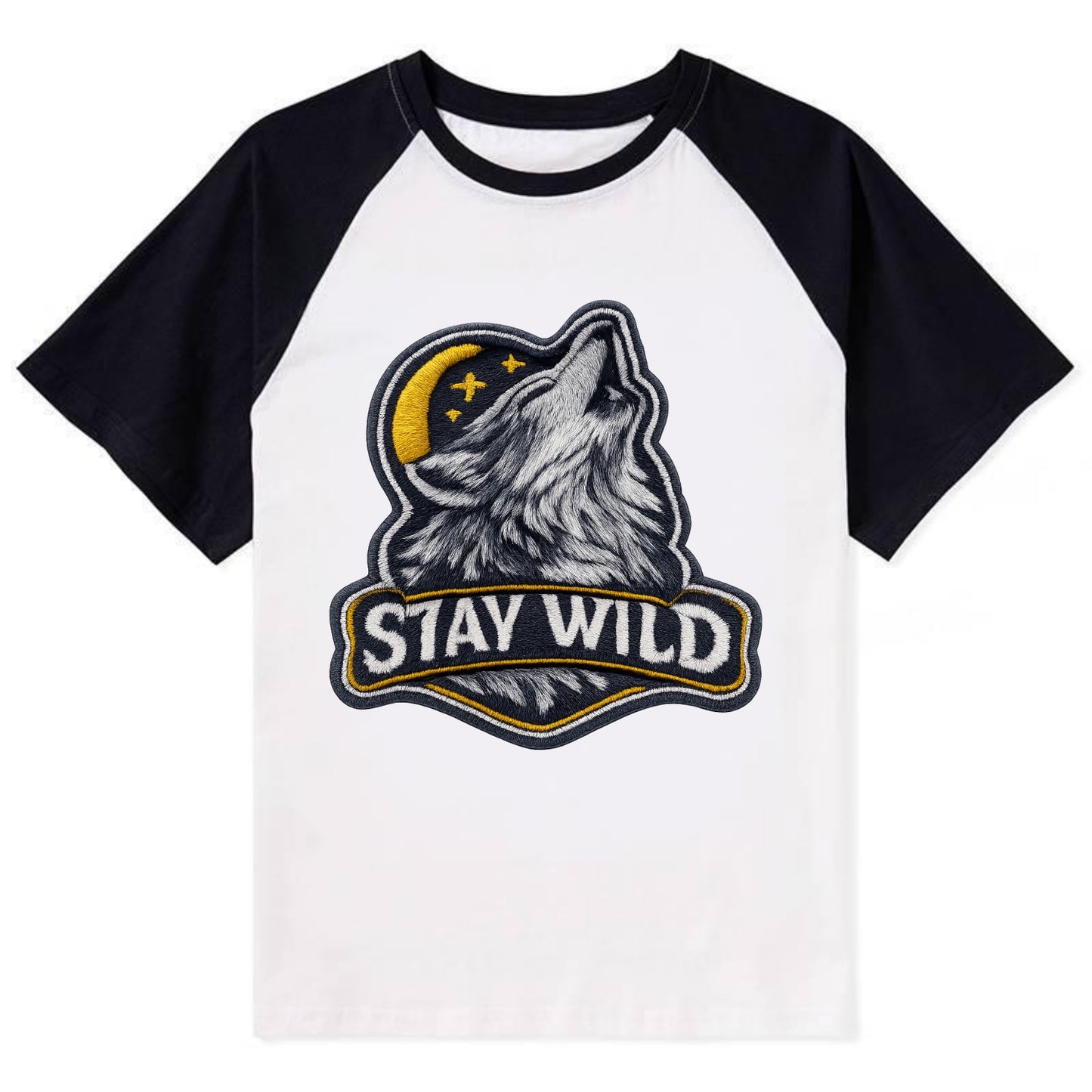 STAY WILD - wolf with text in gray , free spirit - Contrast Raglan T-shirt - Black
