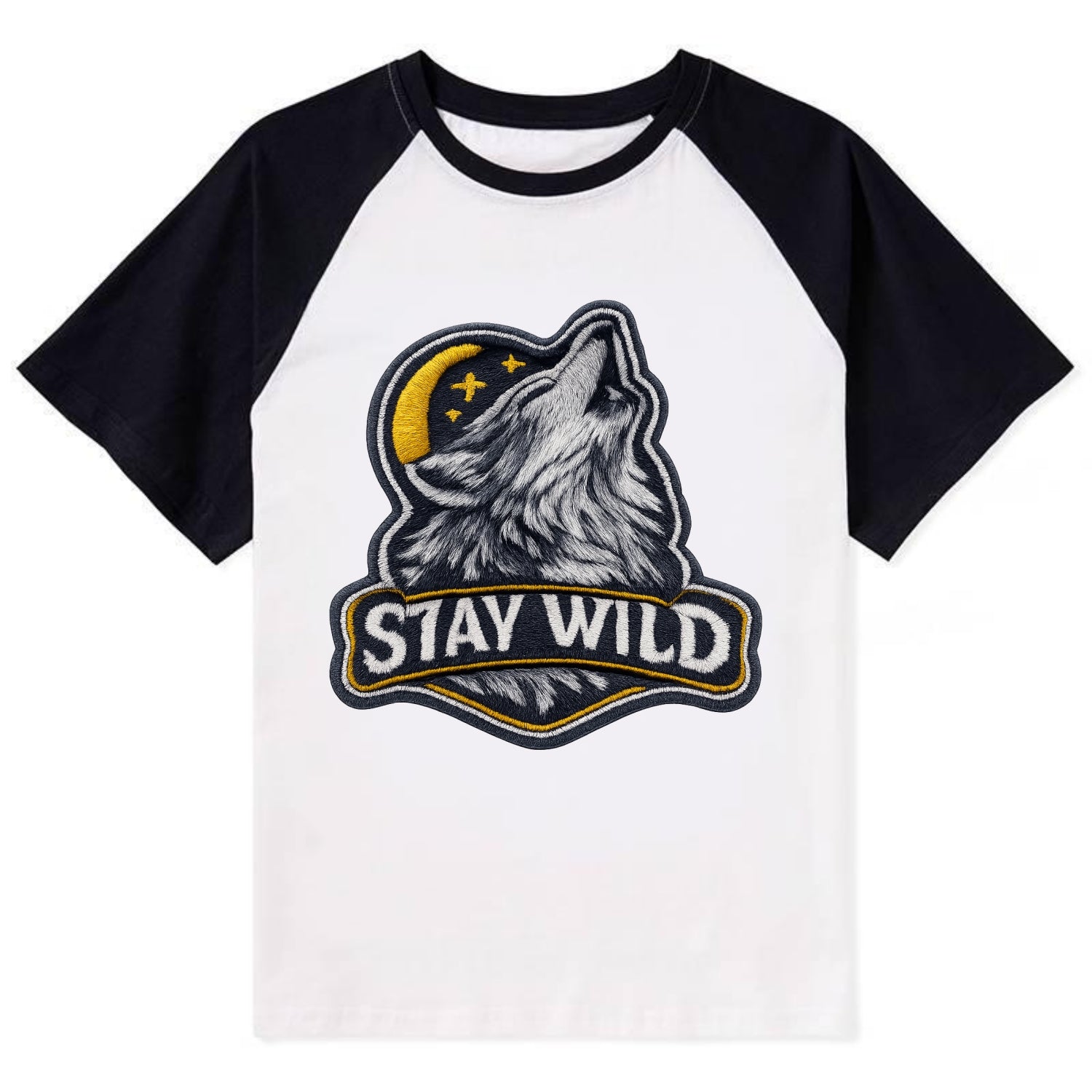 STAY WILD - wolf with text in gray , free spirit - Contrast Raglan T-shirt - Black