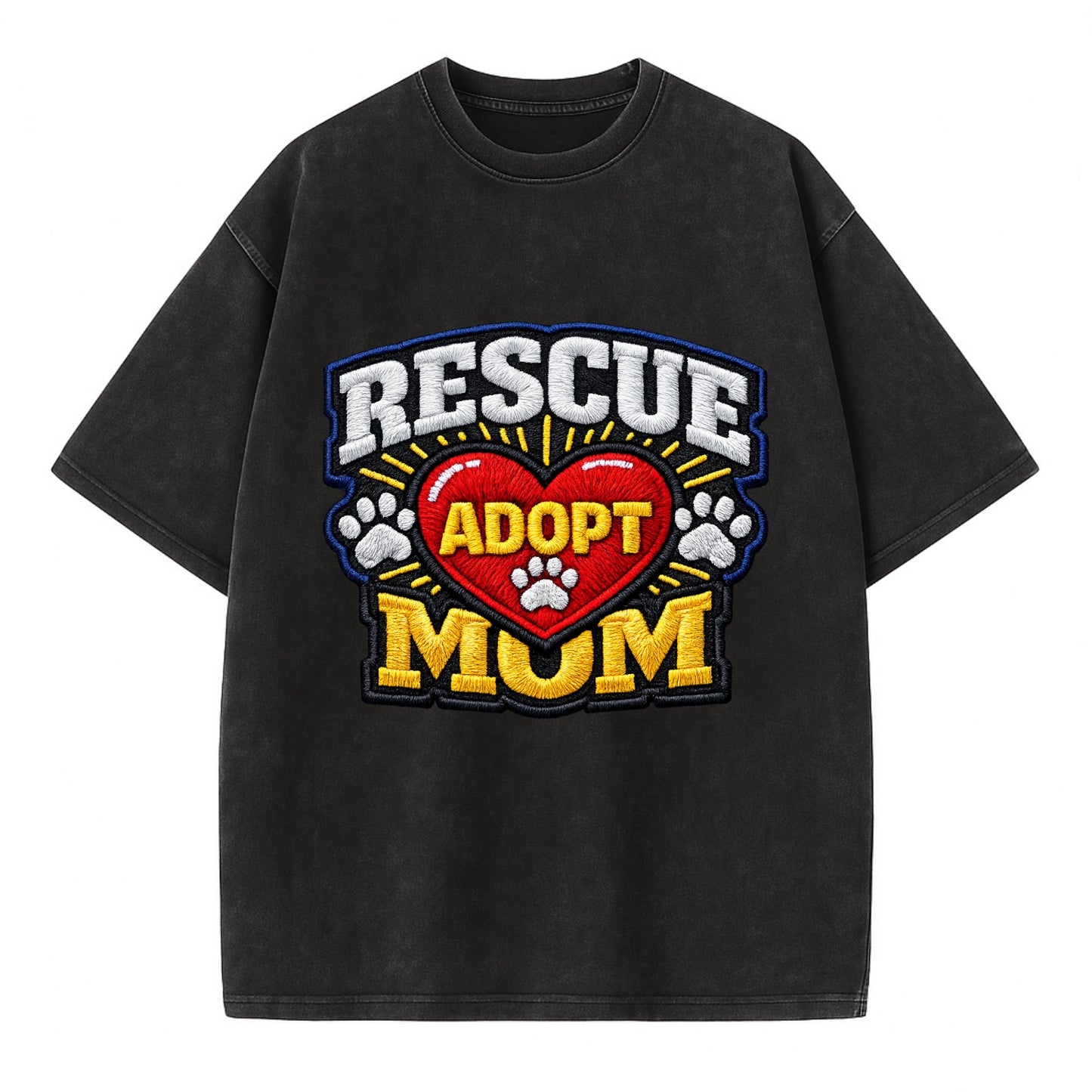 RESCUE MOM - heart with ADOPT text in red , shelter advocate - Vintage T-shirt - Black